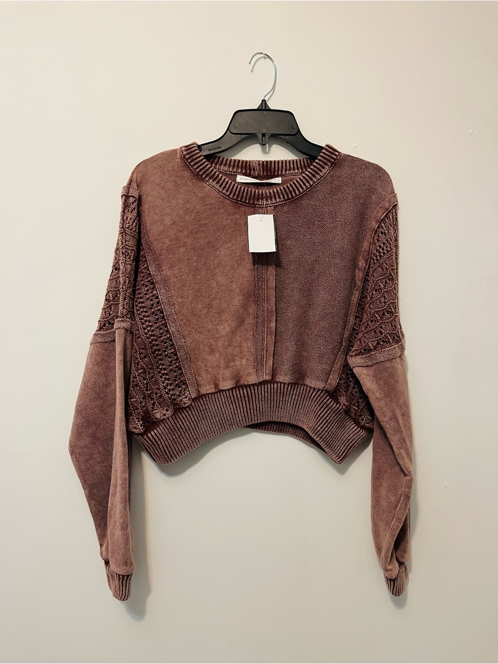 Altar'd State Washed Mauve Crochet-Panel Crew Sweater
